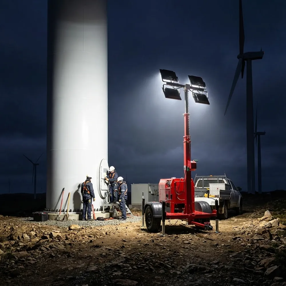 Equipe em manutenção noturna de turbina eólica sob torre de iluminação Revlo