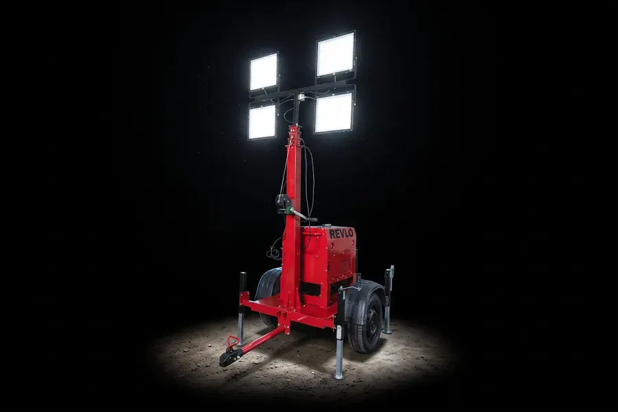 Torre de iluminação a diesel RV 4000 acesa em operação noturna